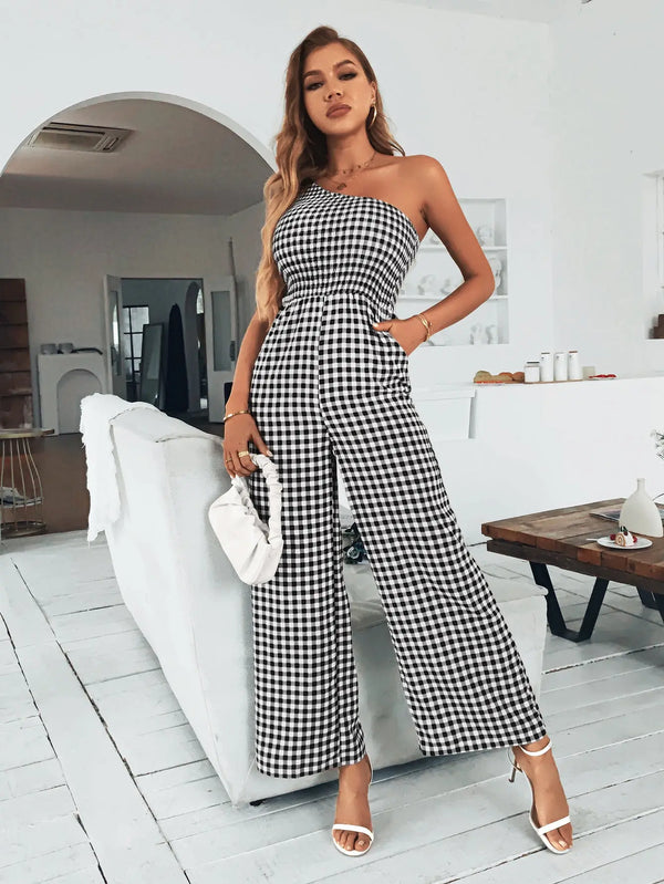 BazaarBey Plaid One-Shoulder Wide Leg Jumpsuit with Pockets 