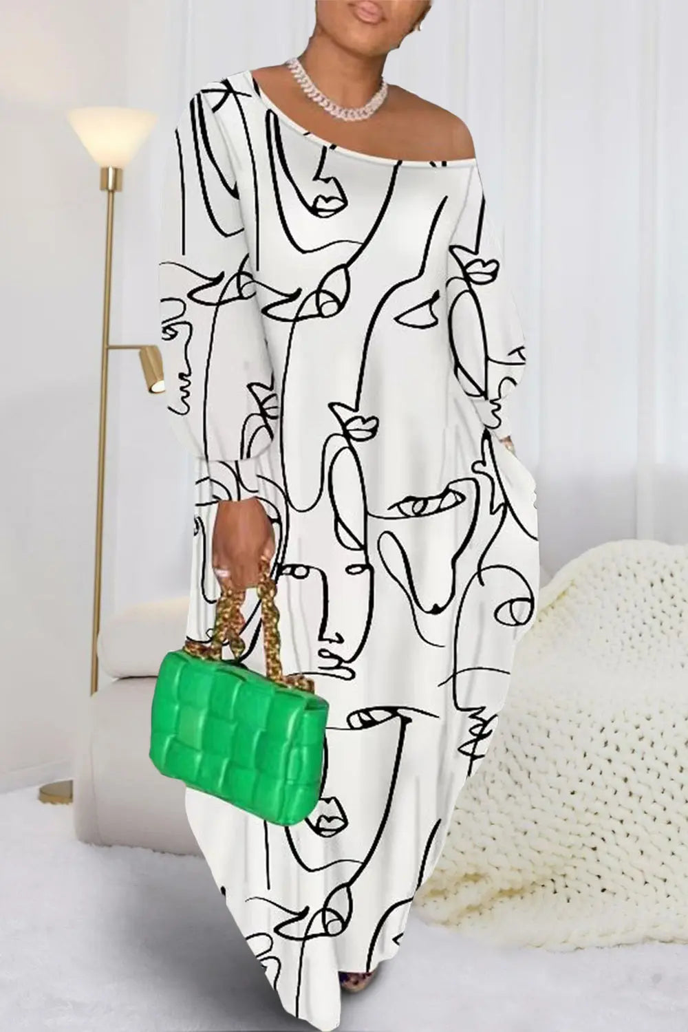 Printed Single Shoulder Lantern Sleeve Maxi Dress -BazaarBey - www.shopbazaarbey.com