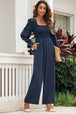 Smocked Long Flounce Sleeve Square Neck Jumpsuit Trendsi
