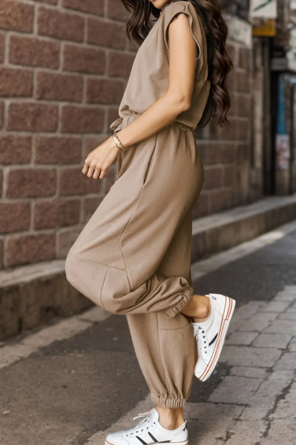 Drawstring Round Neck Cap Sleeve Jumpsuit Trendsi