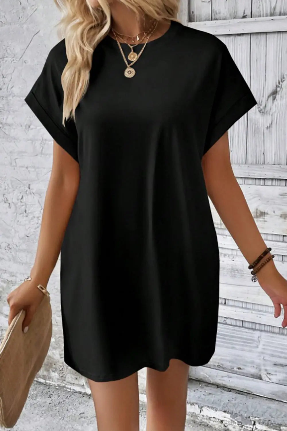 Pocketed Round Neck Short Sleeve Dress -BazaarBey - www.shopbazaarbey.com