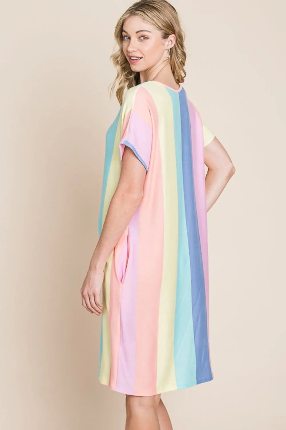  Striped Short Sleeve Dress with Pockets -BazaarBey - www.shopbazaarbey.com