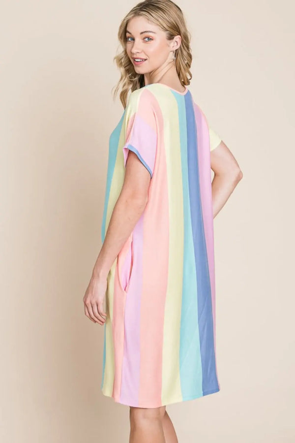  Striped Short Sleeve Dress with Pockets -BazaarBey - www.shopbazaarbey.com
