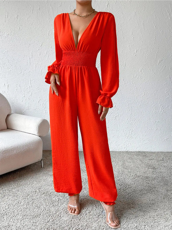 BazaarBey Plunge Smocked Flounce Sleeve Jumpsuit 