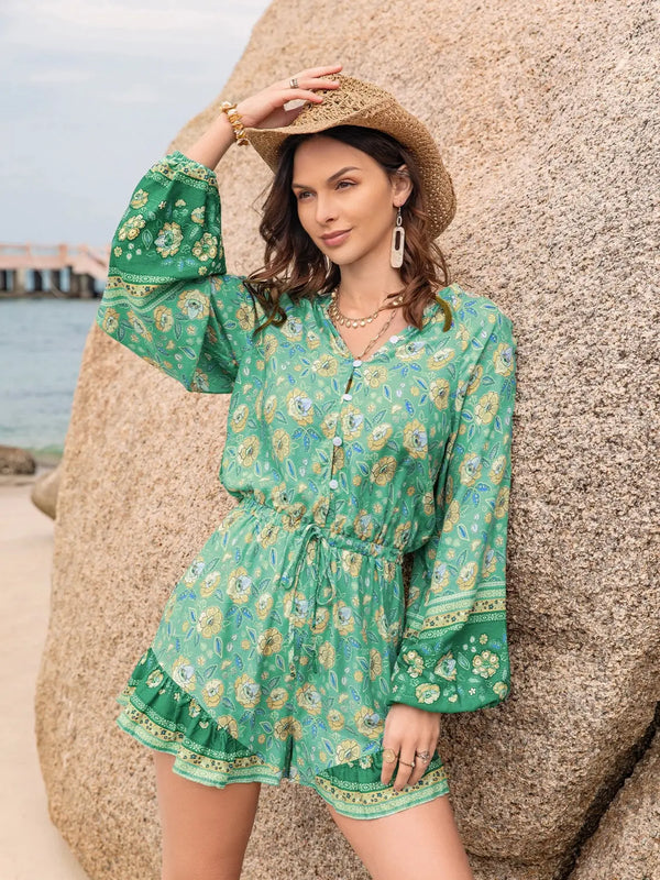 BazaarBey Printed Ruffled Balloon Sleeve Romper 