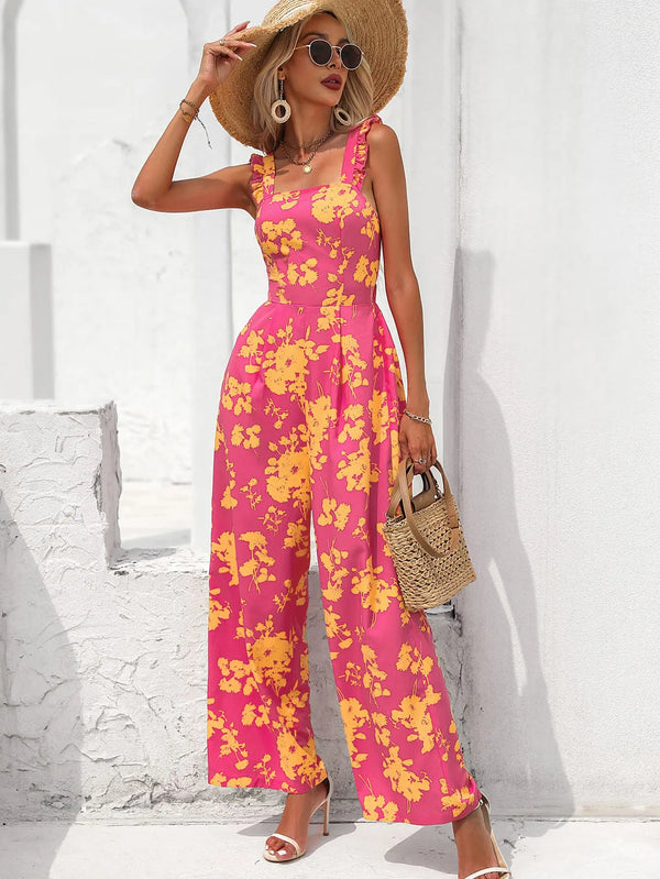 BazaarBey Floral Square Neck  Tie Back Jumpsuit 