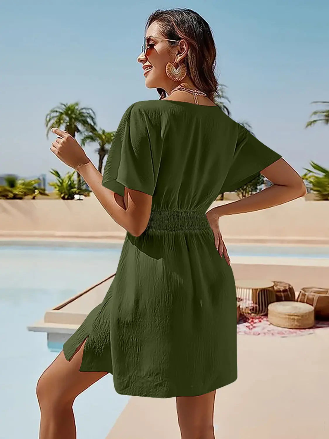 Smocked V-Neck Short Sleeve Dress -BazaarBey - www.shopbazaarbey.com