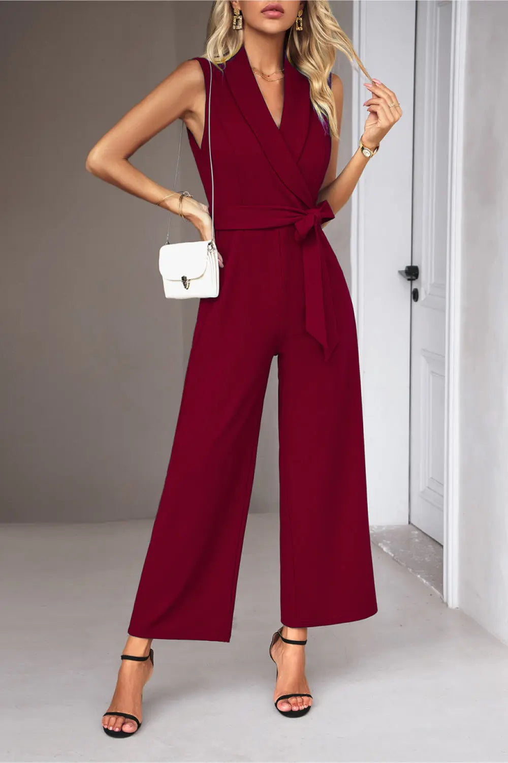 Tie Waist Shawl Collar Sleeveless Jumpsuit Trendsi