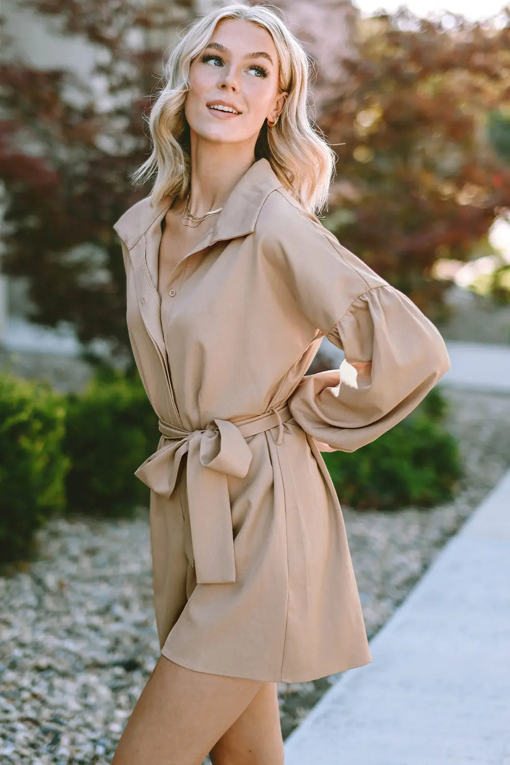 Tie Front Button Up Collared Neck Rompers Trendsi