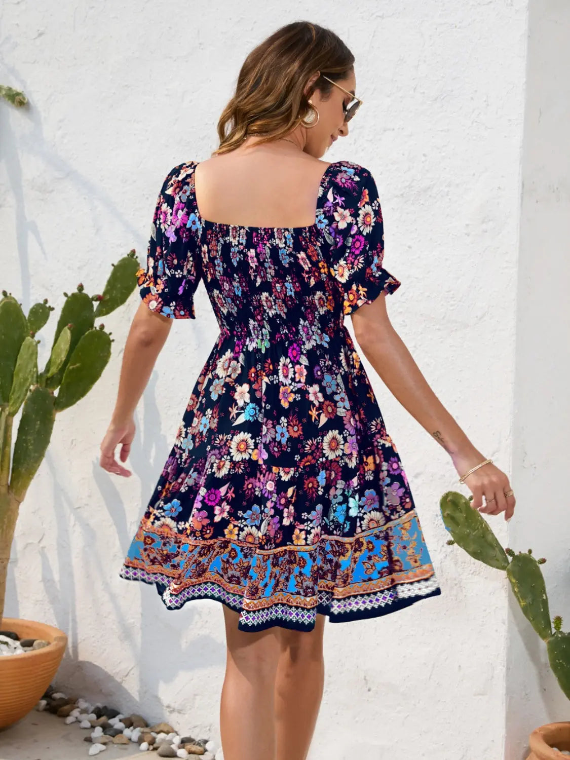 Printed Square Neck Short Sleeve Dress -BazaarBey - www.shopbazaarbey.com