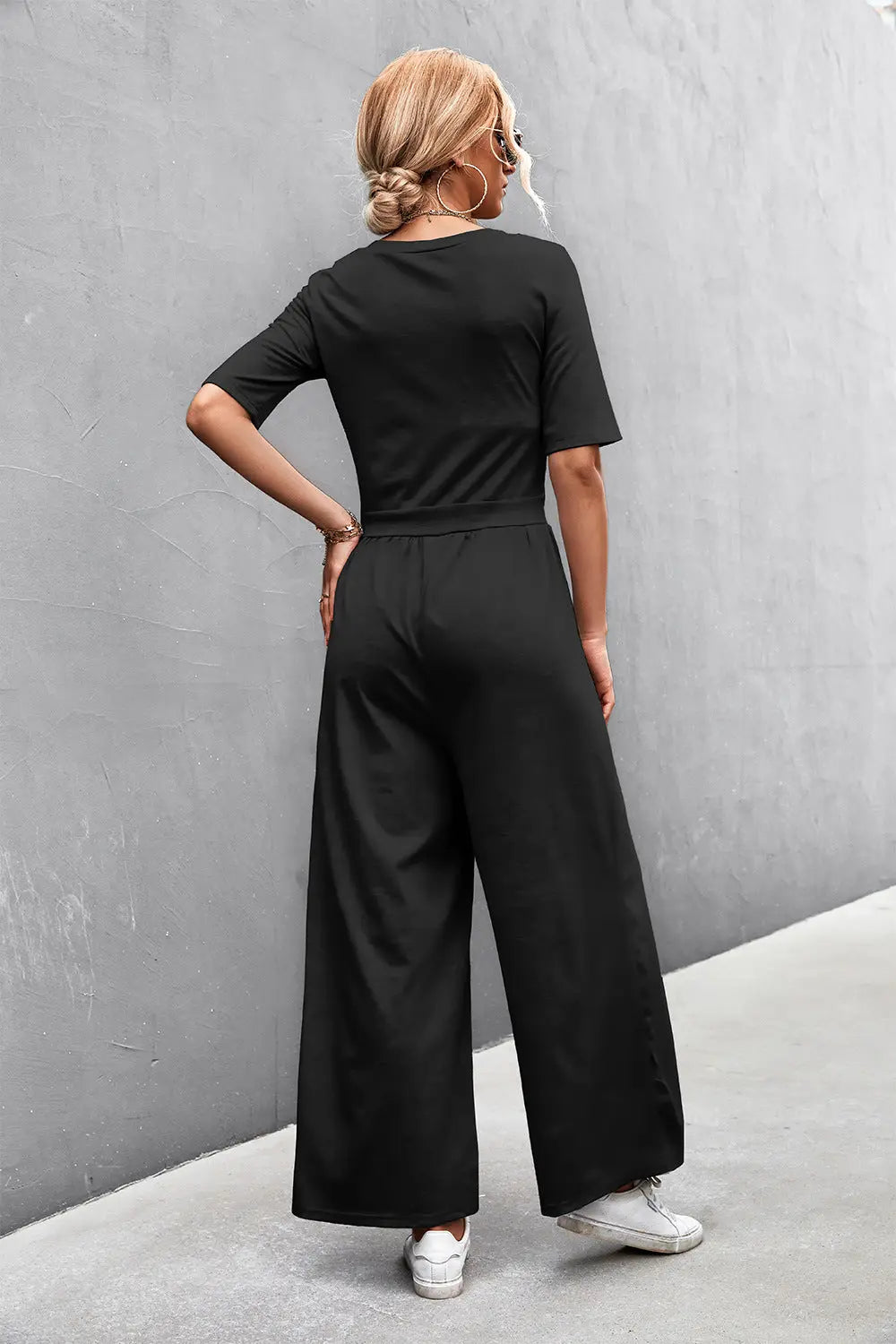Scoop Neck Half Sleeve Wide Leg Jumpsuit Trendsi