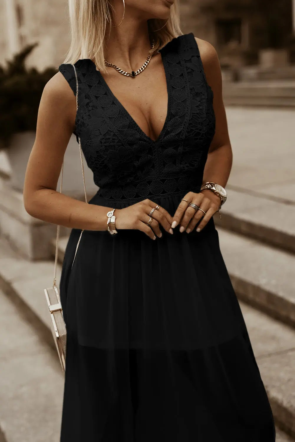 Slit Lace Detail V-Neck Dress -BazaarBey - www.shopbazaarbey.com