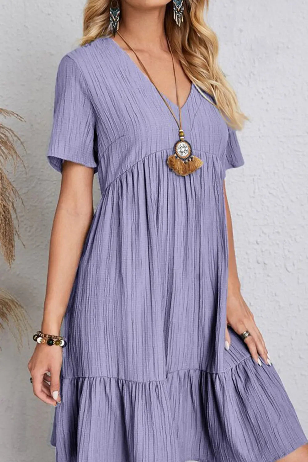 Full Size Ruched V-Neck Short Sleeve Dress -BazaarBey - www.shopbazaarbey.com