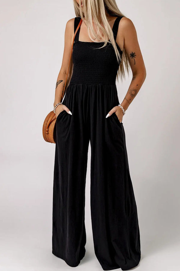 BazaarBey Smocked Square Neck Wide Leg Jumpsuit with Pockets 