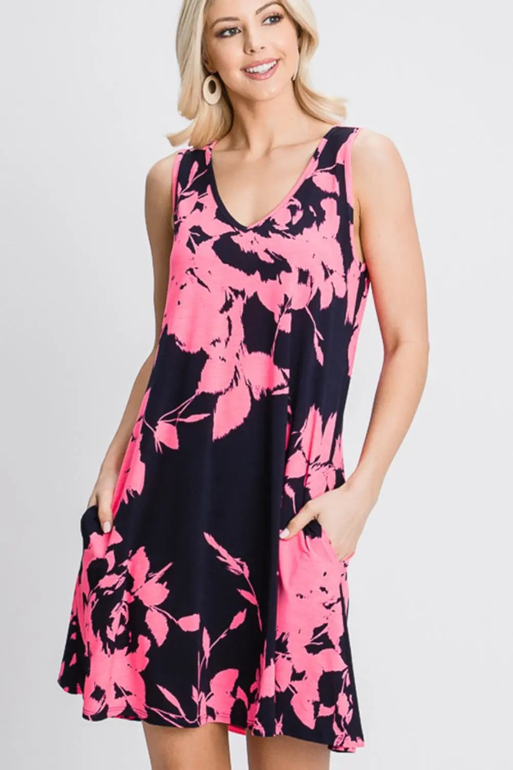  Full Size Floral V-Neck Tank Dress with Pockets -BazaarBey - www.shopbazaarbey.com