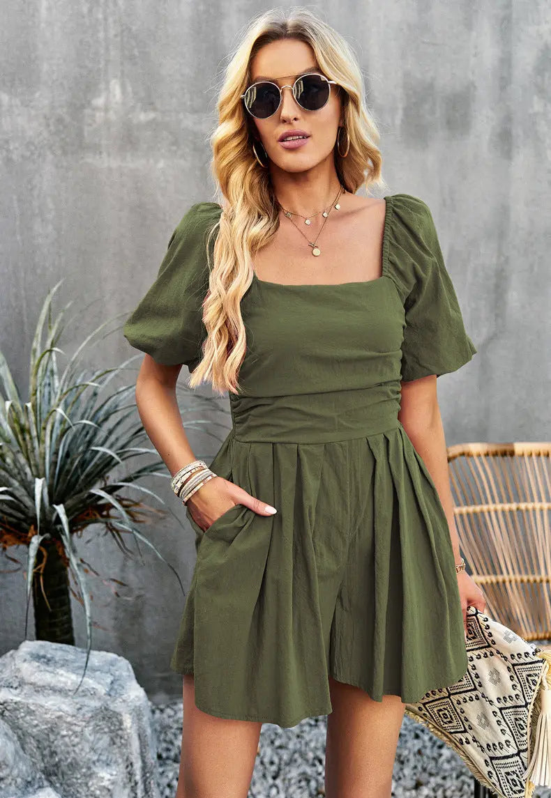 Square Neck Short Sleeve Smocked Romper Trendsi