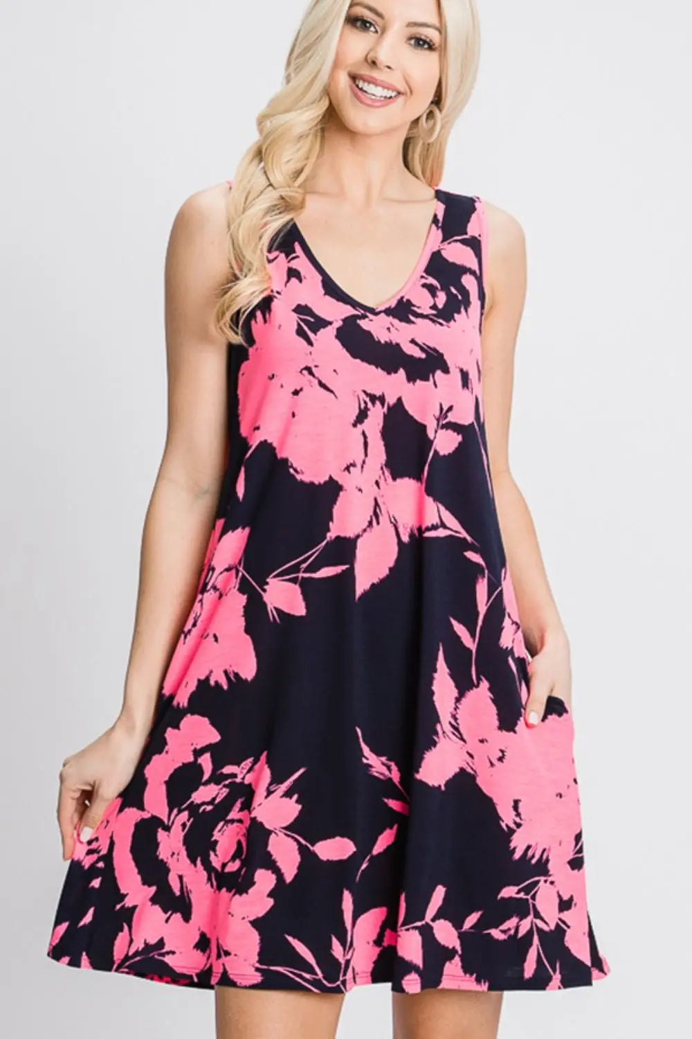  Full Size Floral V-Neck Tank Dress with Pockets -BazaarBey - www.shopbazaarbey.com