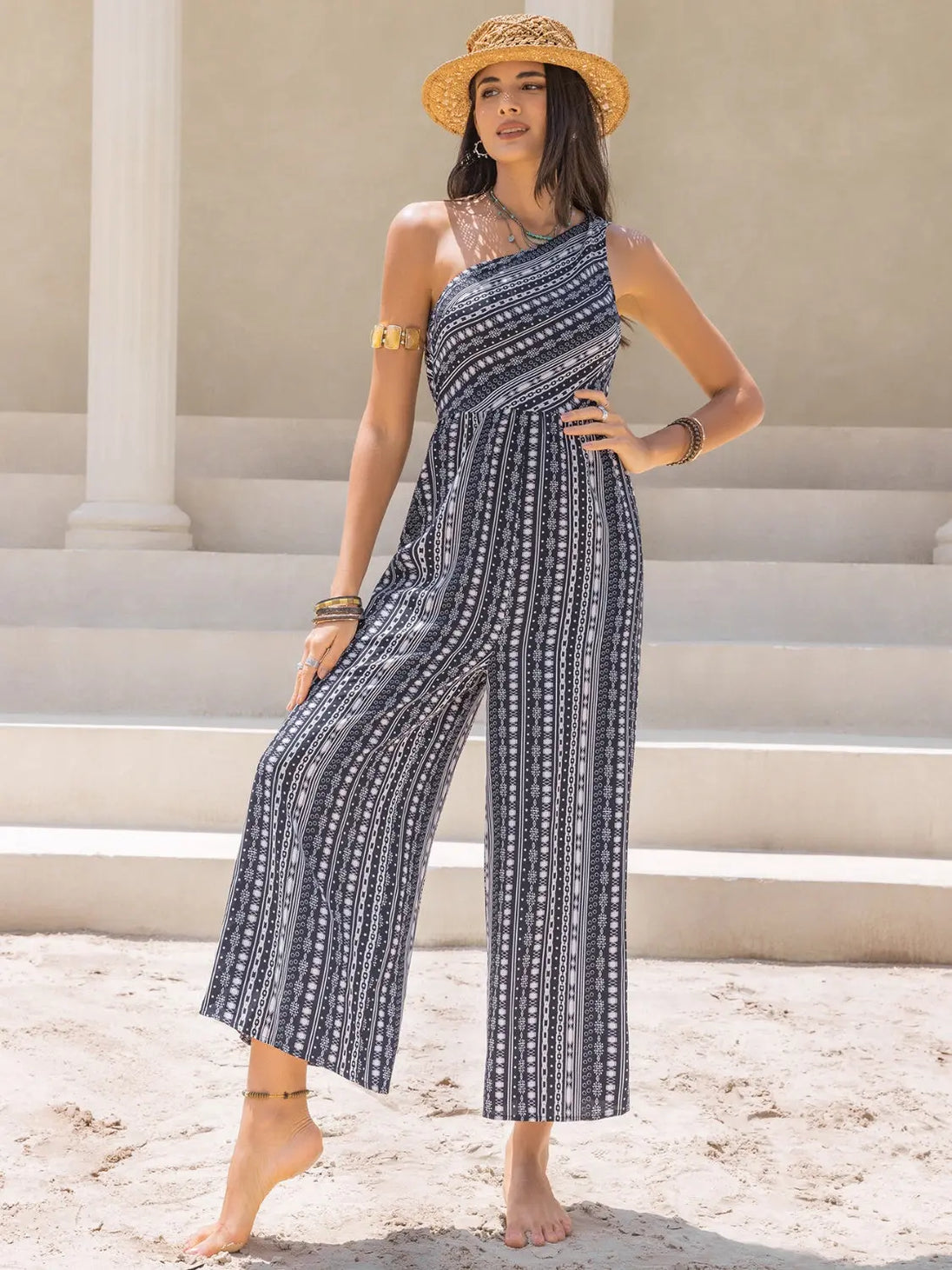 BazaarBey Printed Single Shoulder Sleeveless Jumpsuit