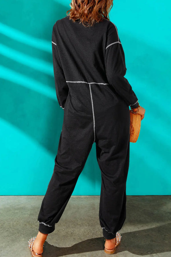 Contrast Stitching Pocketed Dropped Shoulder Jumpsuit Trendsi