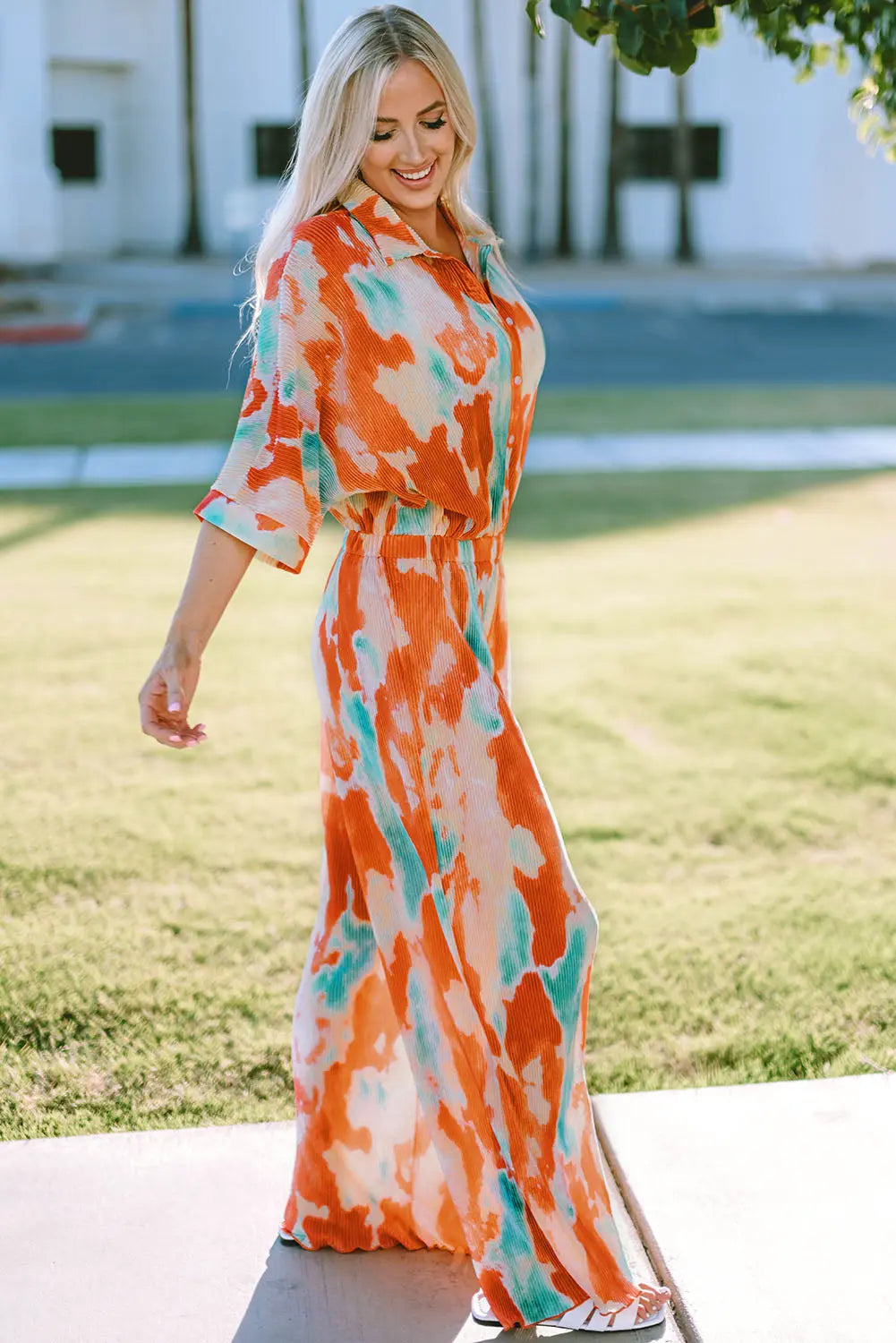 Tie-Dye Collared Wide Leg Jumpsuit Trendsi
