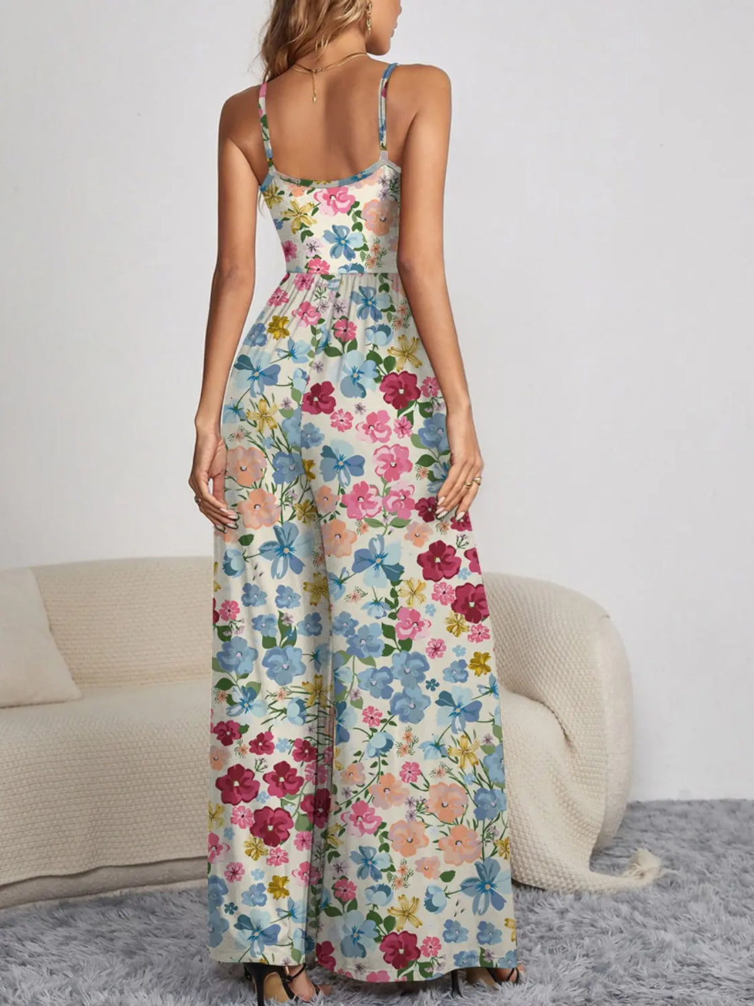 Decorative Button Spaghetti Strap Wide Leg Jumpsuit Trendsi