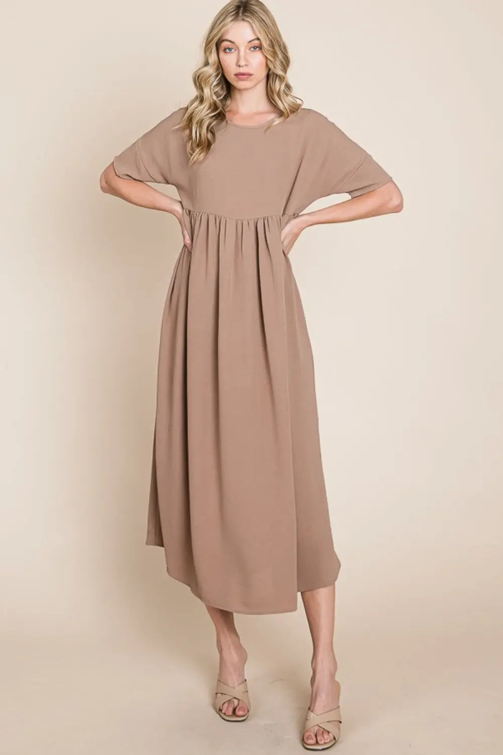  Round Neck Ruched Midi Dress -BazaarBey - www.shopbazaarbey.com