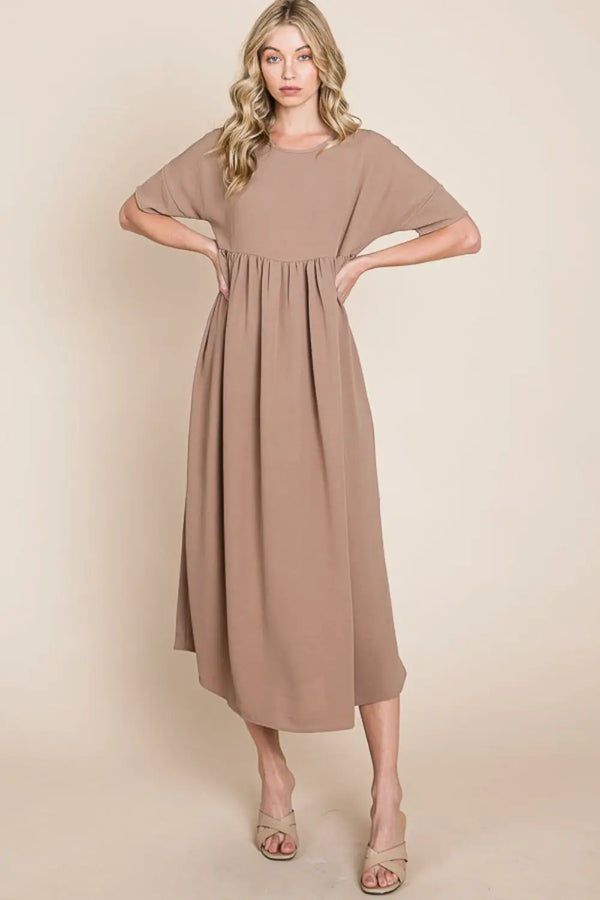 Round Neck Ruched Midi Dress -BazaarBey - www.shopbazaarbey.com