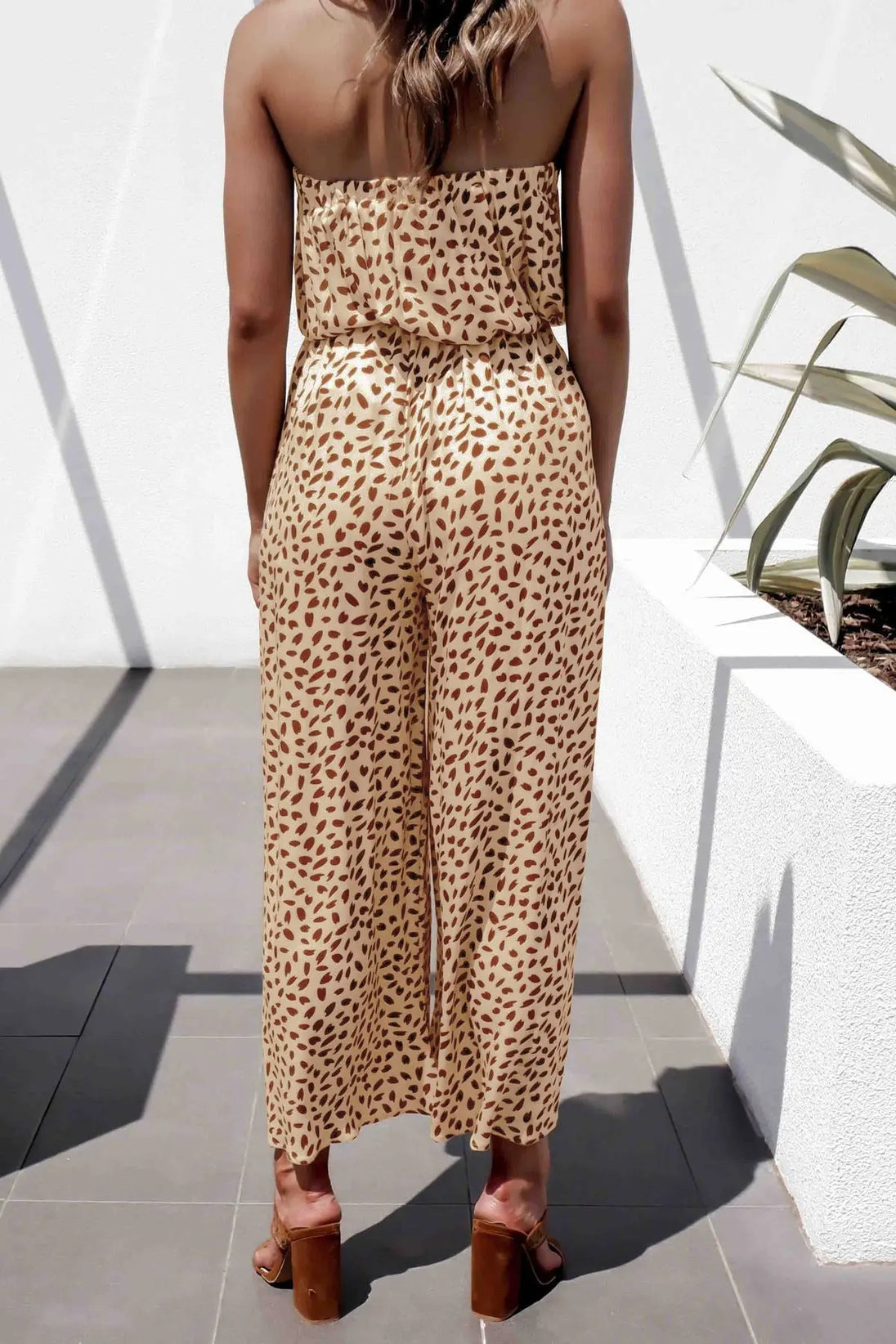 Printed Strapless Tie Waist Wide Leg Jumpsuit Trendsi