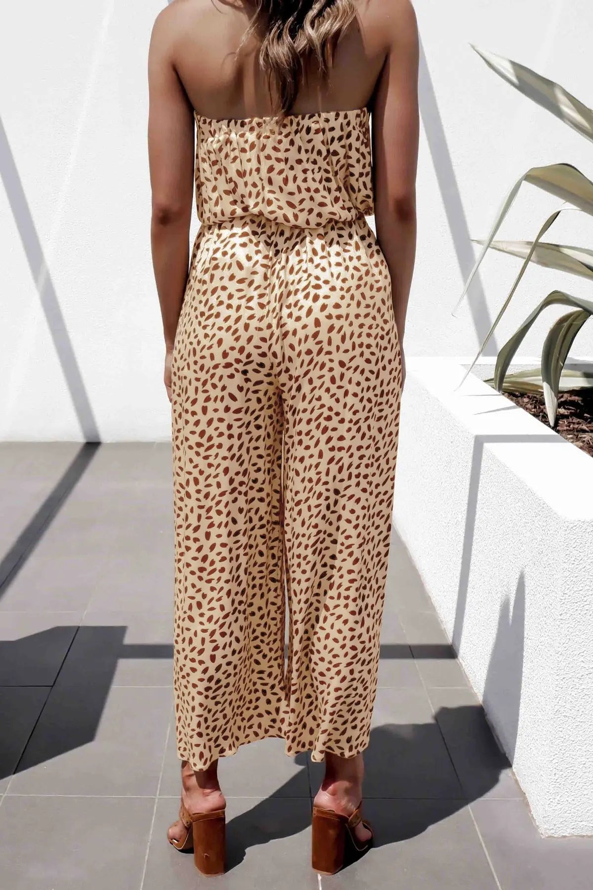 Printed Strapless Tie Waist Wide Leg Jumpsuit Trendsi