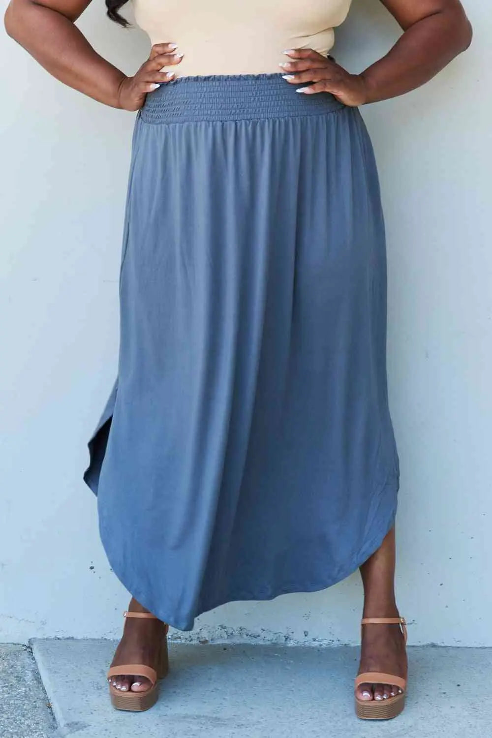  Comfort Princess Full Size High Waist Scoop Hem Maxi Skirt in Dusty Blue 