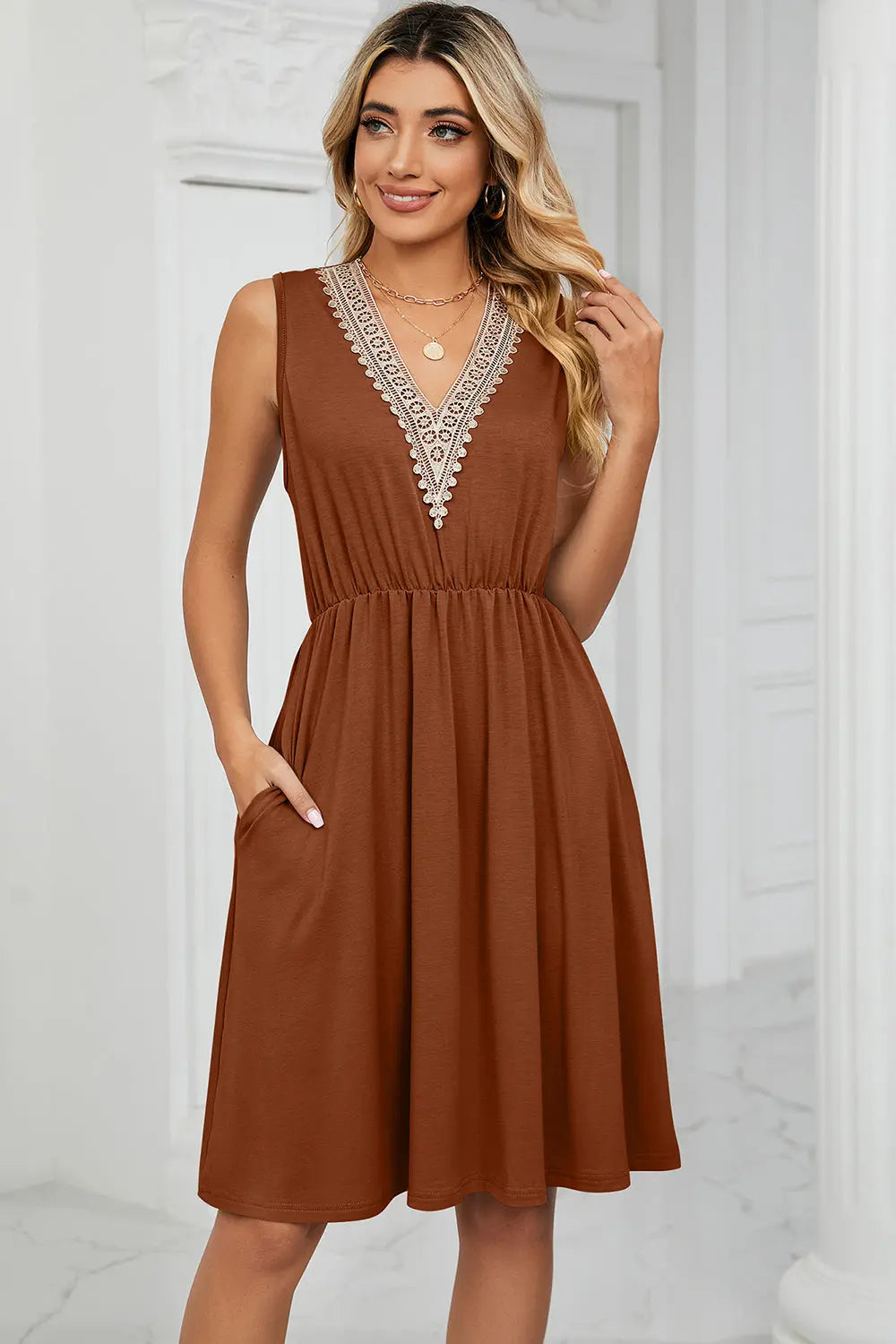 Pocketed V-Neck Wide Strap Dress -BazaarBey - www.shopbazaarbey.com