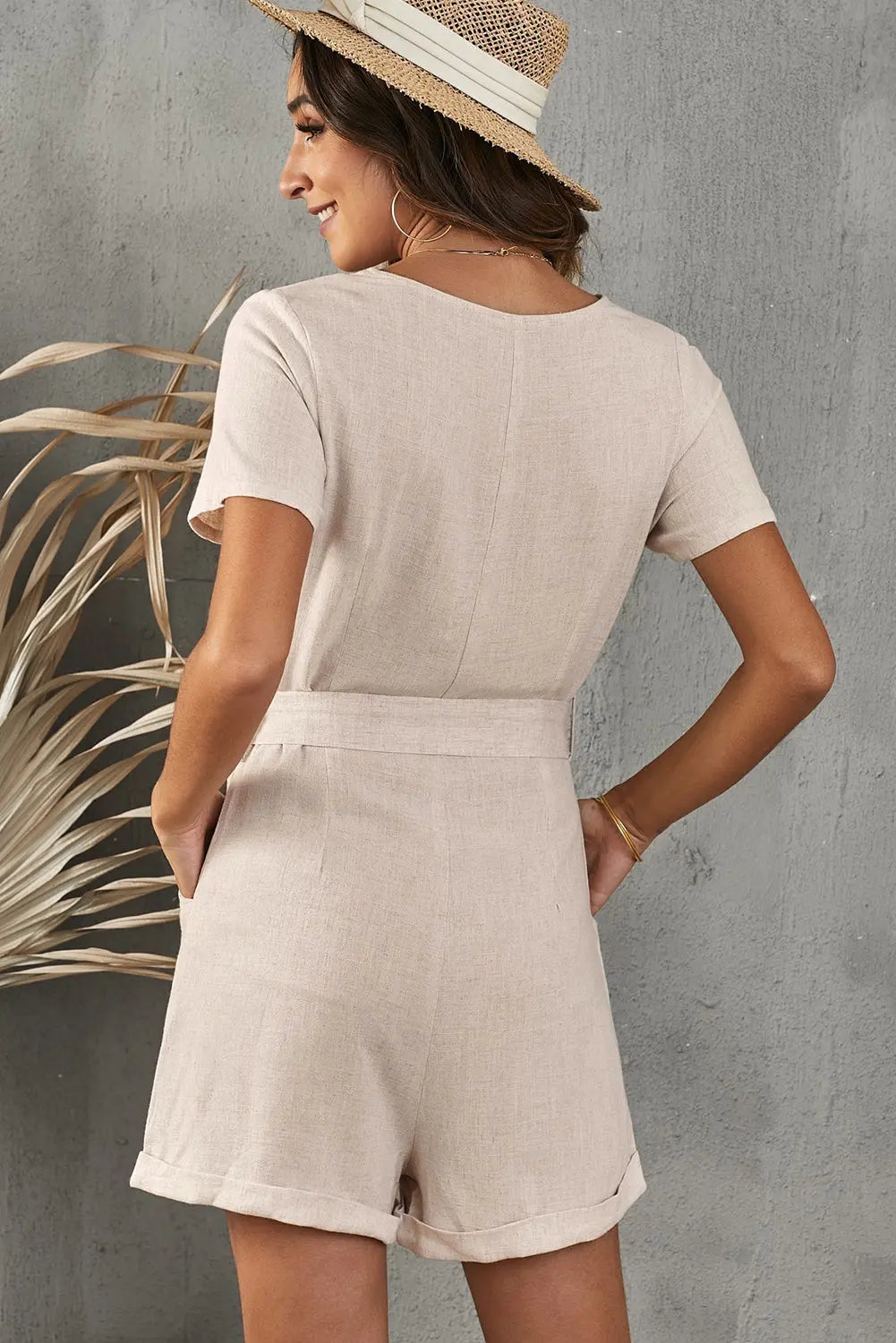V-Neck Short Sleeve Tie Belt Romper with Pockets Trendsi