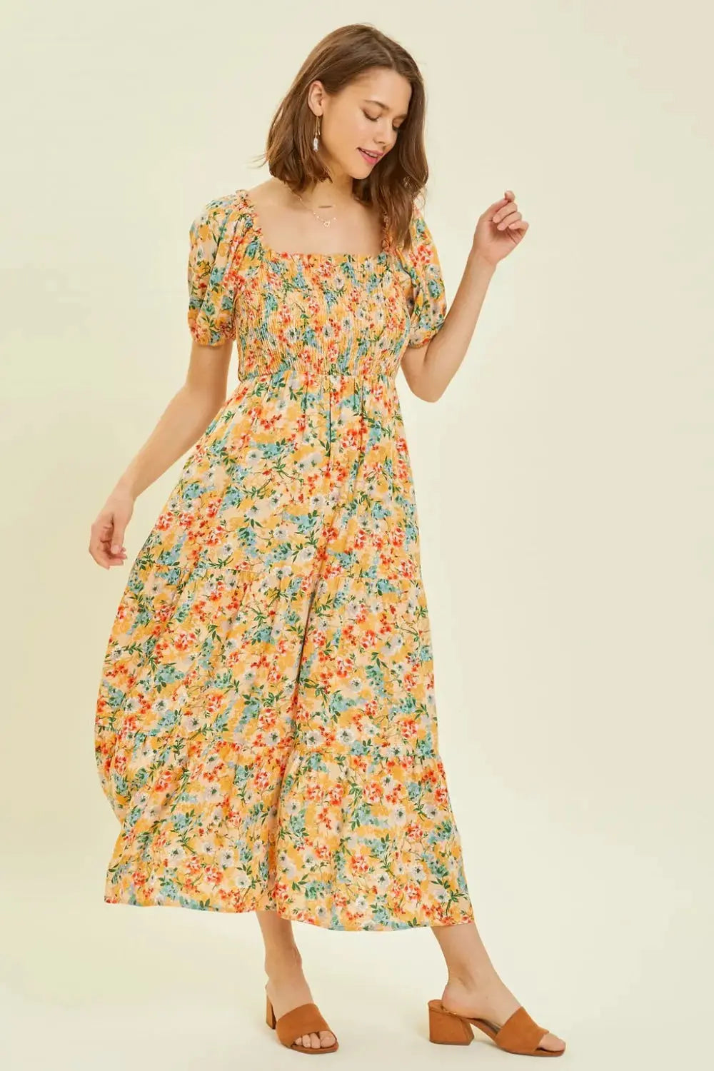  Full Size Floral Smocked Tiered Midi Dress -BazaarBey - www.shopbazaarbey.com
