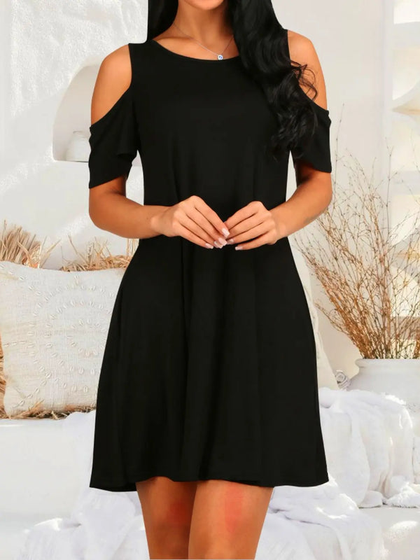Round Neck Cold Shoulder Short Sleeve Dress -BazaarBey - www.shopbazaarbey.com