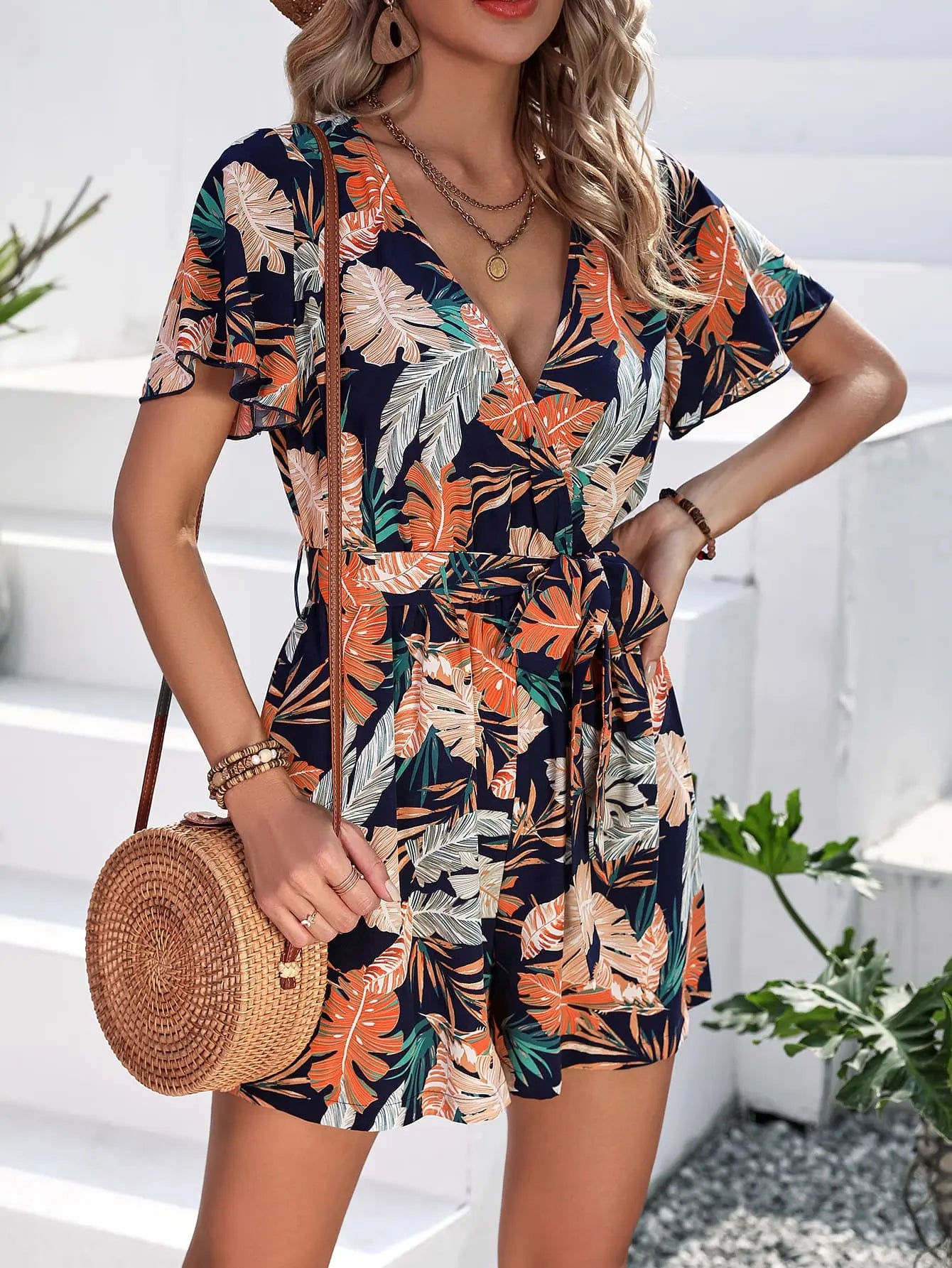 Botanical Print Surplice Neck Tie Waist Romper Bazaarbey