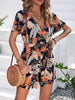 Botanical Print Surplice Neck Tie Waist Romper Bazaarbey