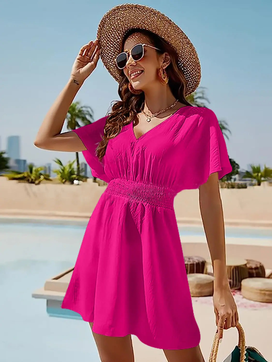 Smocked V-Neck Short Sleeve Dress -BazaarBey - www.shopbazaarbey.com