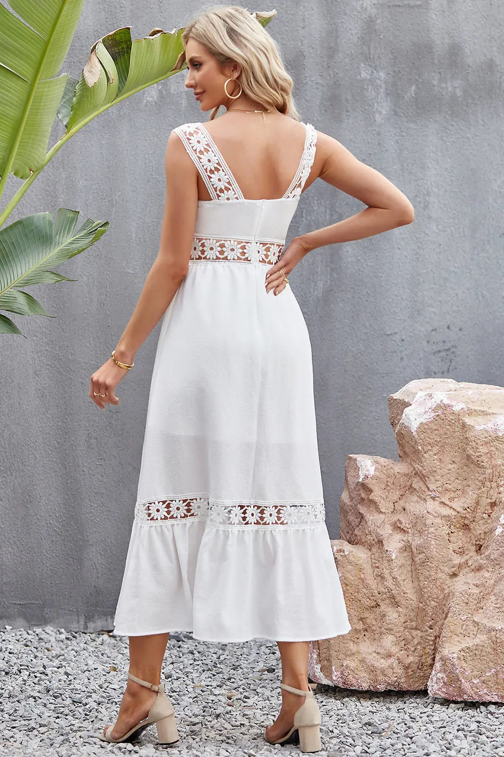 Flower Crochet Wide Strap Midi Dress -BazaarBey - www.shopbazaarbey.com
