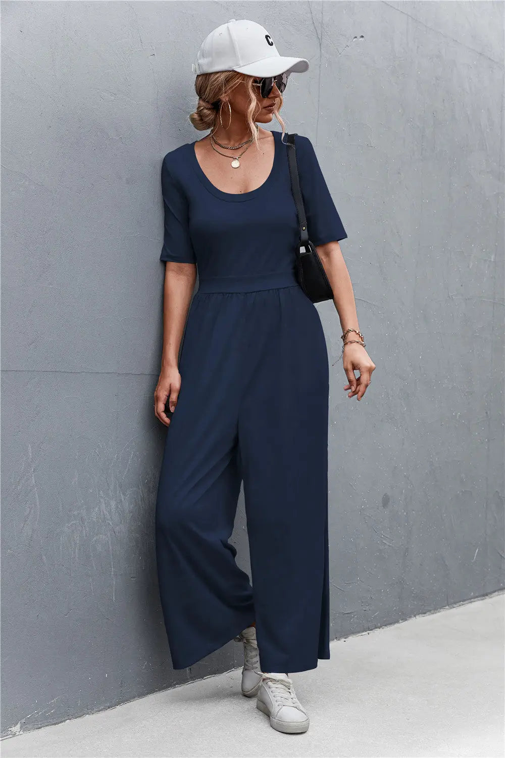 Scoop Neck Half Sleeve Wide Leg Jumpsuit Trendsi