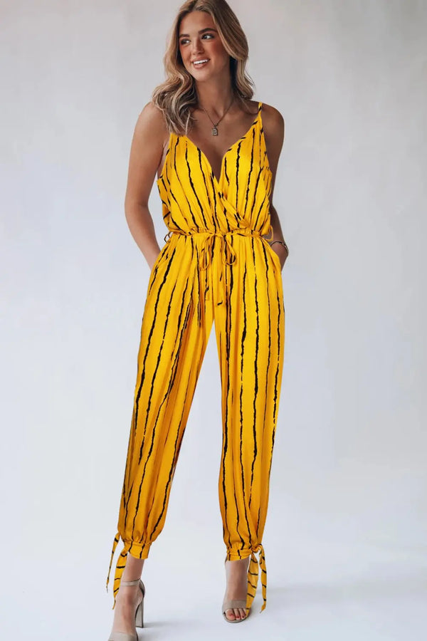 BazaarBey Striped Contrast Tie Ankle Spaghetti Strap Jumpsuit 