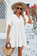 Ruched Tiered V-Neck Short Sleeve Mini Dress -BazaarBey - www.shopbazaarbey.com