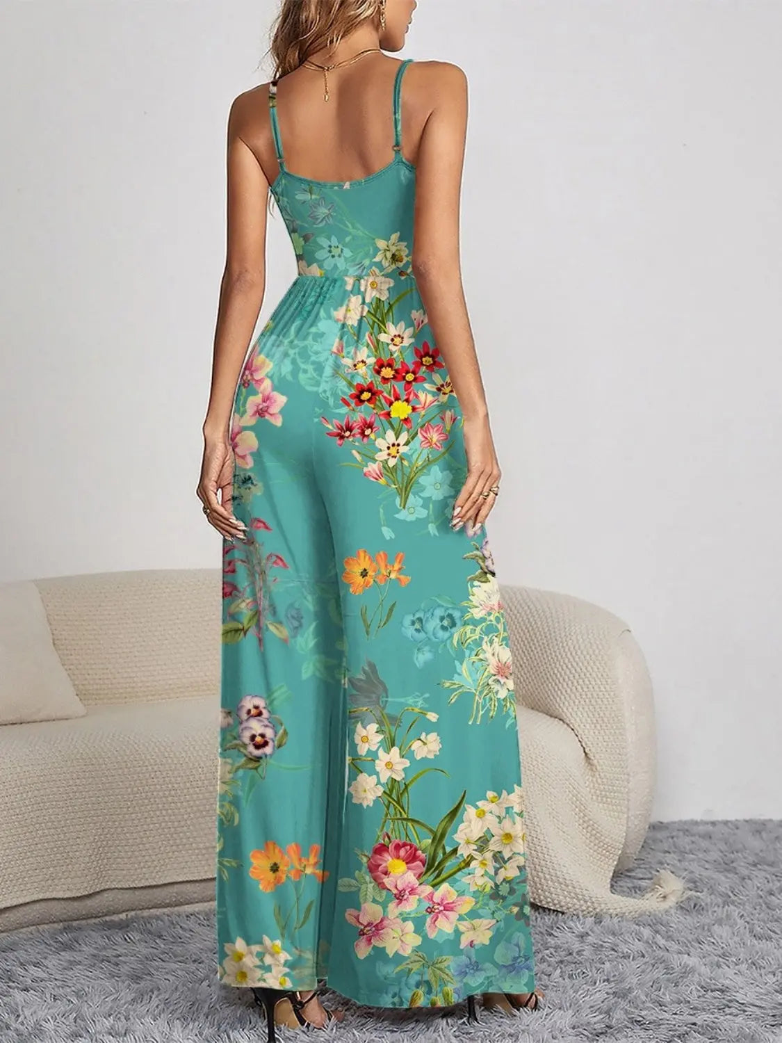 Decorative Button Spaghetti Strap Wide Leg Jumpsuit Trendsi
