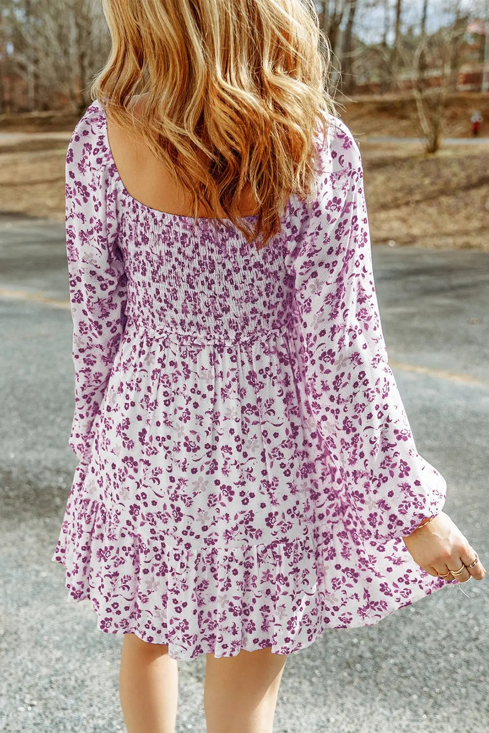 Smocked Floral Square Neck Balloon Sleeve Dress -BazaarBey - www.shopbazaarbey.com