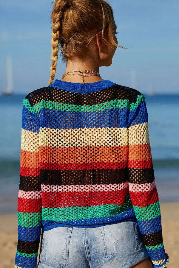 Rainbow Stripe Openwork Long Sleeve Cover-Up Trendsi