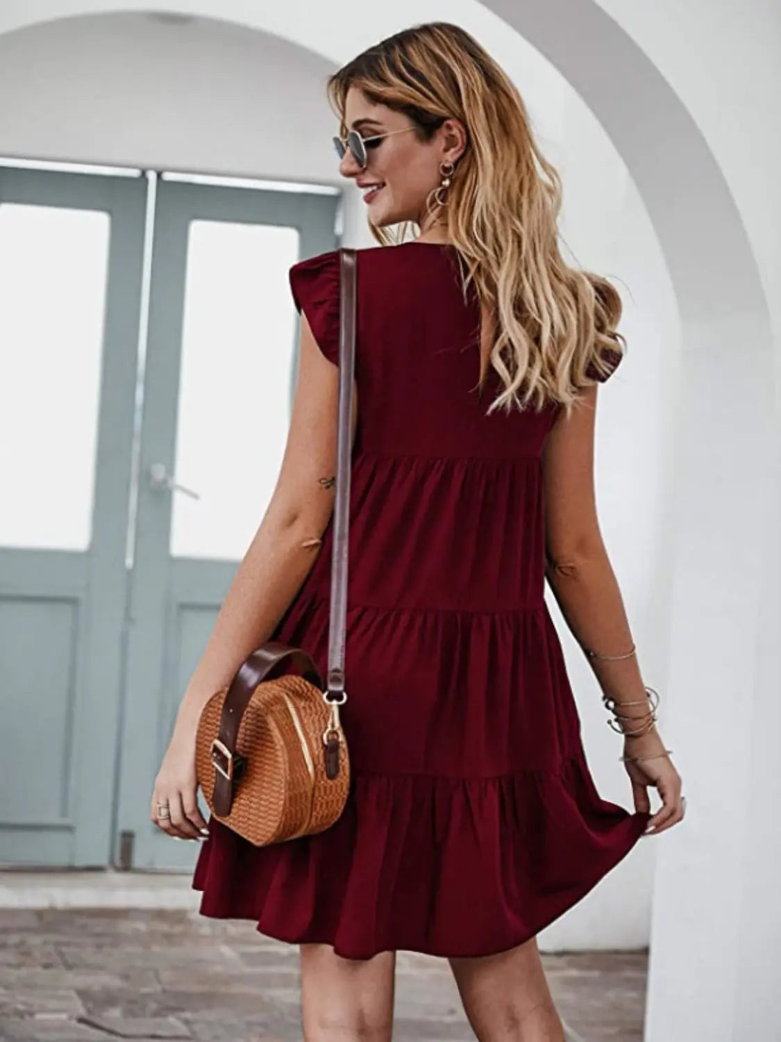 Ruffled Round Neck Cap Sleeve Mini Dress -BazaarBey - www.shopbazaarbey.com