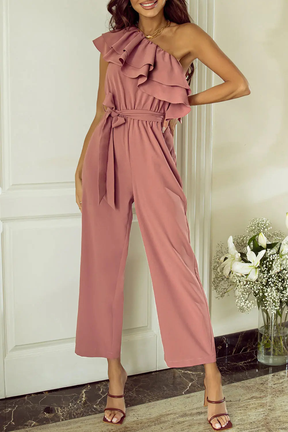 BazaarBey Ruffled Tied One-Shoulder Jumpsuit 
