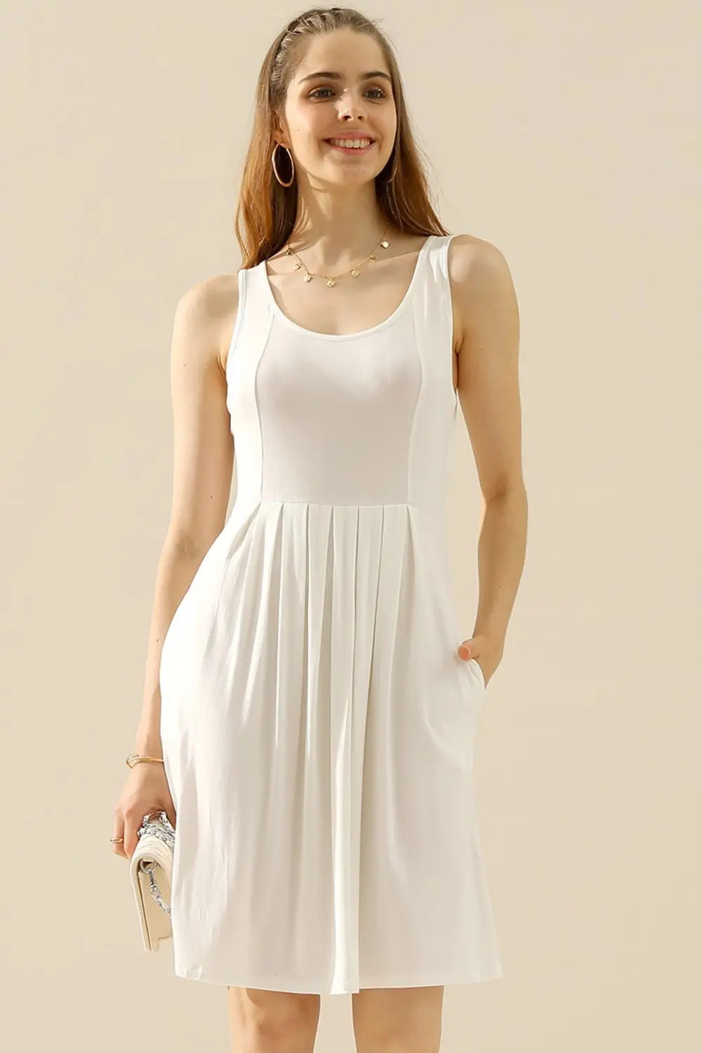  Full Size Round Neck Ruched Sleeveless Dress with Pockets -BazaarBey - www.shopbazaarbey.com