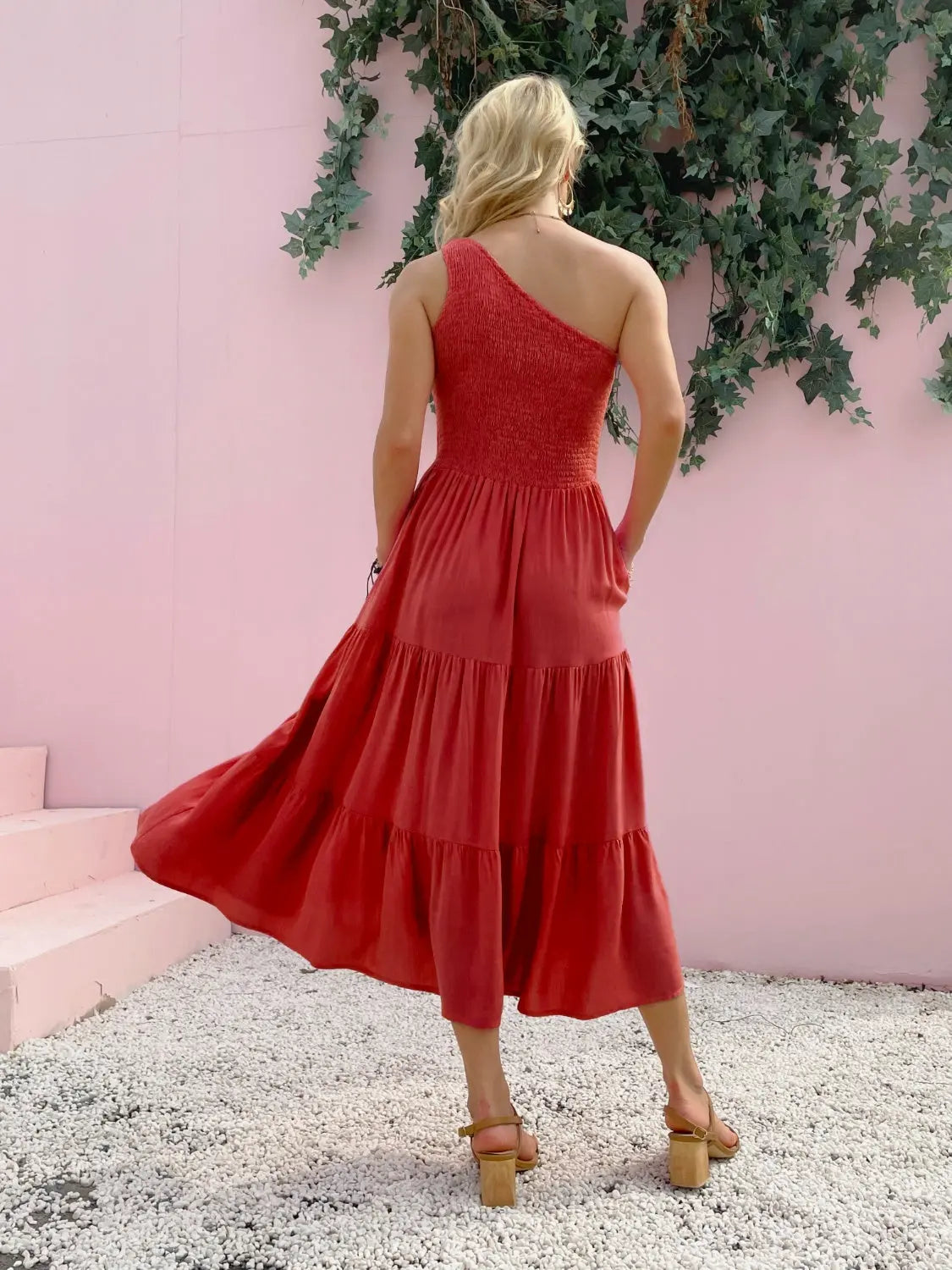 Smocked Single Shoulder Sleeveless Dress -BazaarBey - www.shopbazaarbey.com
