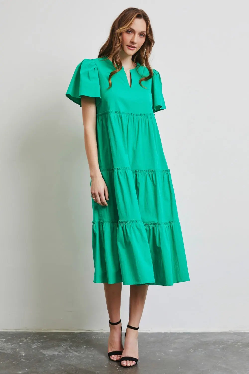  Full Size Cotton Poplin Ruffled Tiered Midi Dress Trendsi