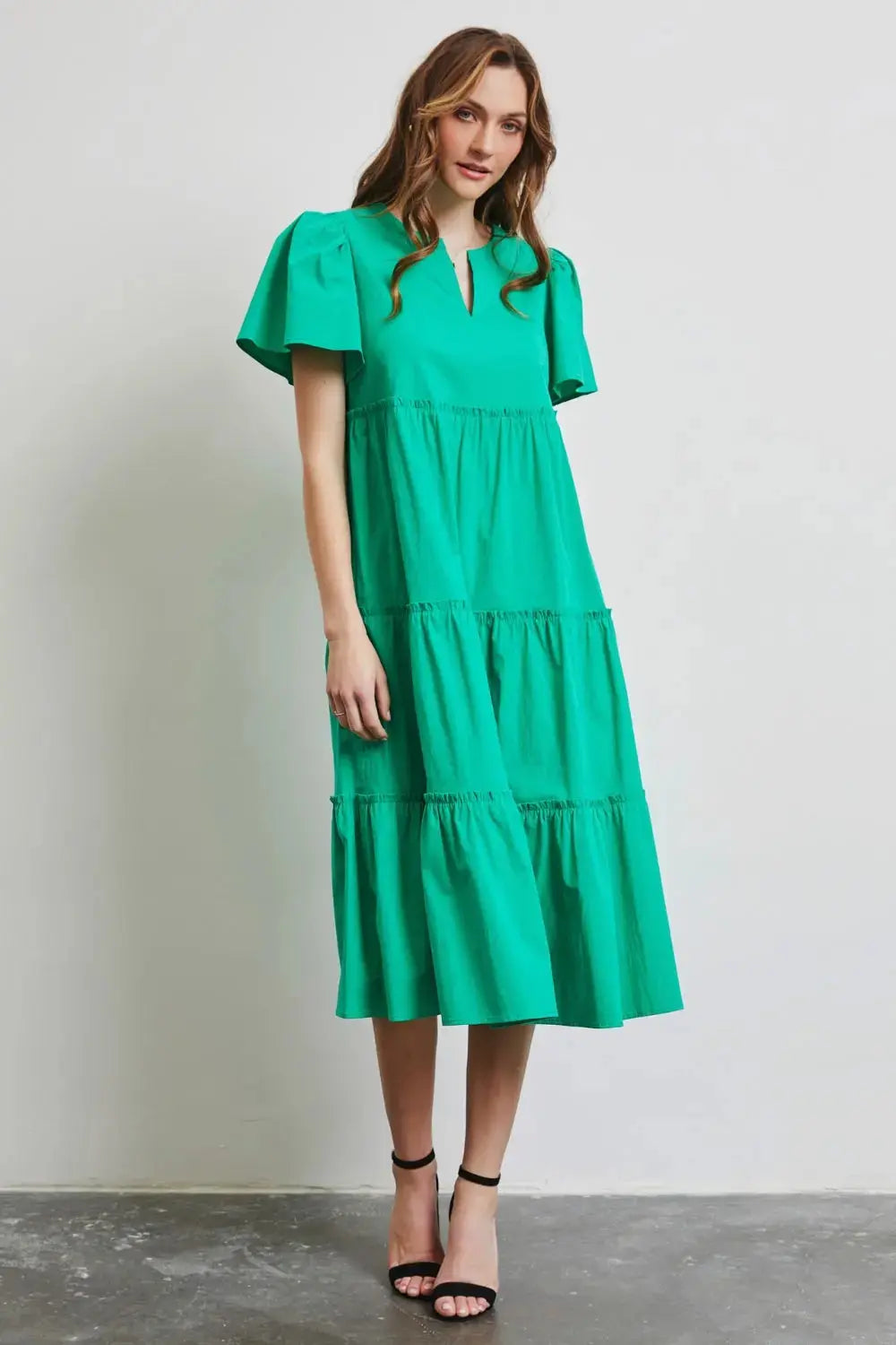  Full Size Cotton Poplin Ruffled Tiered Midi Dress -BazaarBey - www.shopbazaarbey.com